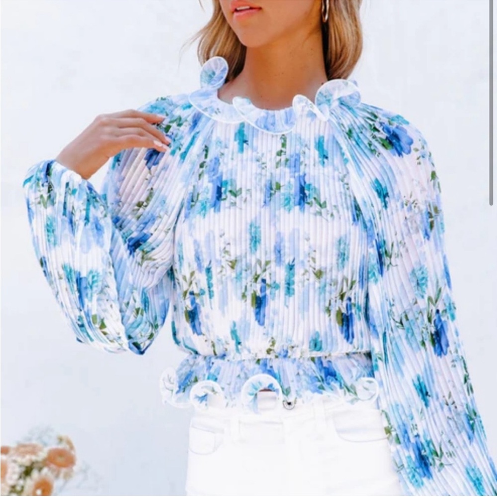VICI X Fate Blue Ponce Floral Pleated Ruffle Blouse